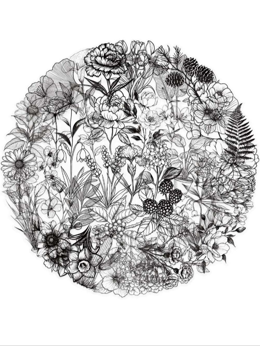 Botanical Circle Floral Wall Art Print Sticker Set - Black & White